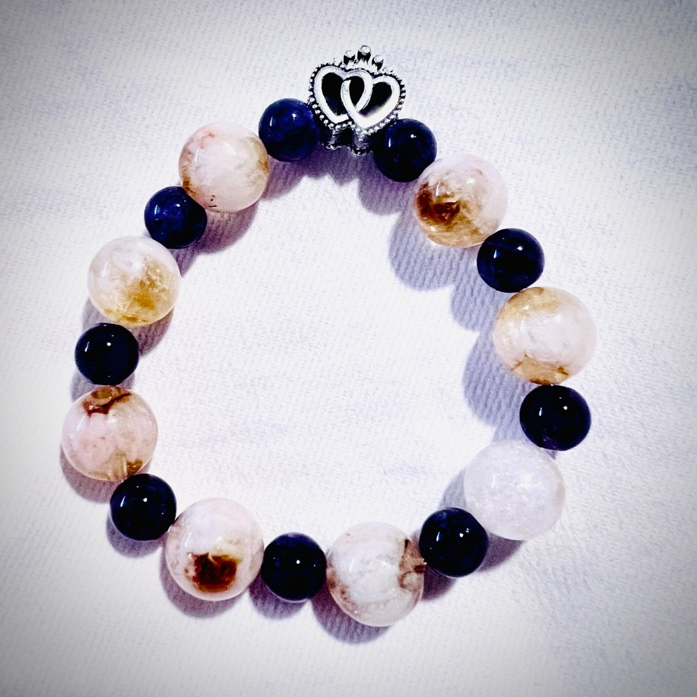 Elegant Heart Charm Bracelet with Blue and Cream Beads (citrine and Amethyst)